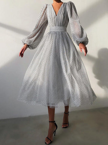 Woochic mi-longue robe pois v-cou manches bouffantes élégant de soirée Blanche S